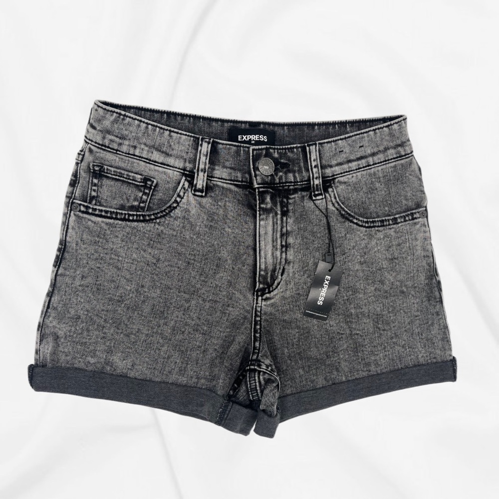 NWT Express Black Gray Acid Wash Jean Shorts Mid Rise Flip Hem Size 0